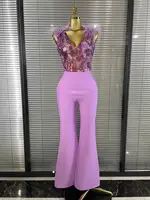 Light Purple Women Sleeveles Sexy V-Neck Shinning Sequins Feathers Bodycon Bandage Long Jumpsuit Nightclub Party Celebrate Wear
