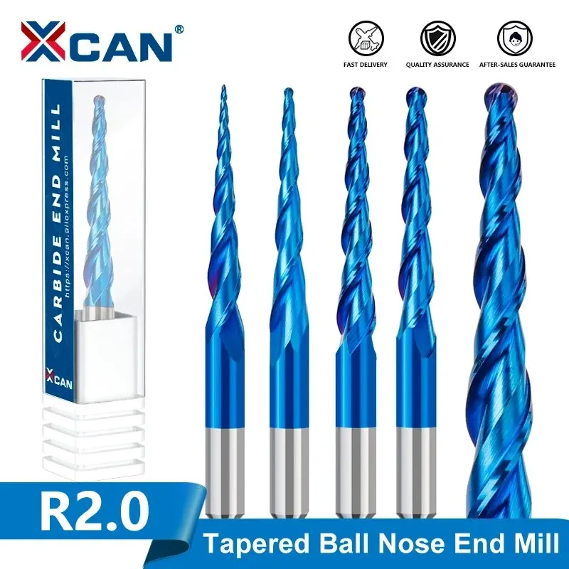 XCAN Milling Cutter 6mm Shank Tapered Ball Nose End Mill R2.0 CNC Router Engraving Bit for Wood