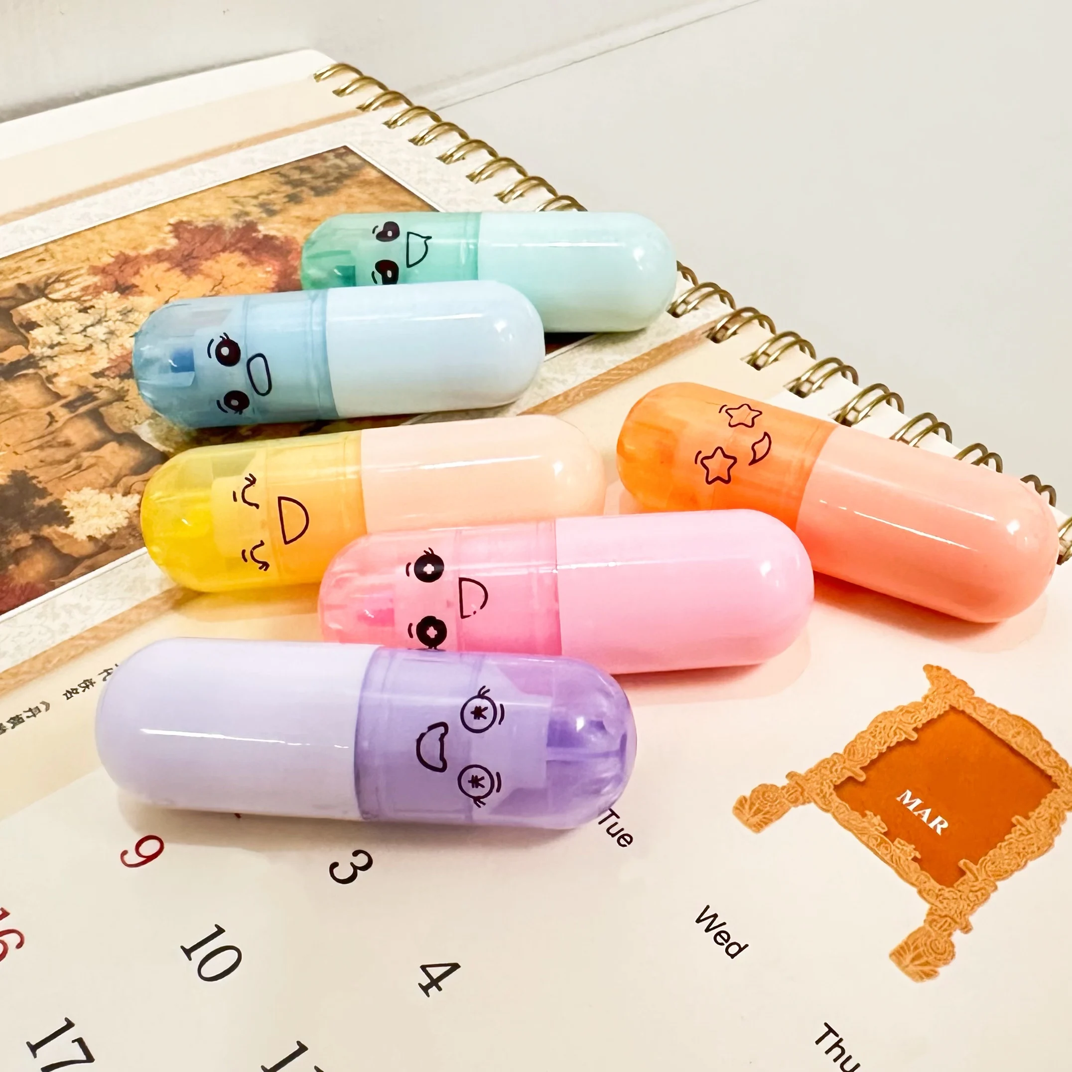 6개 미니 귀여운 캡슐 형광펜 파스텔 마커, 노트, 그림, 저널링, 학교, 사무용품