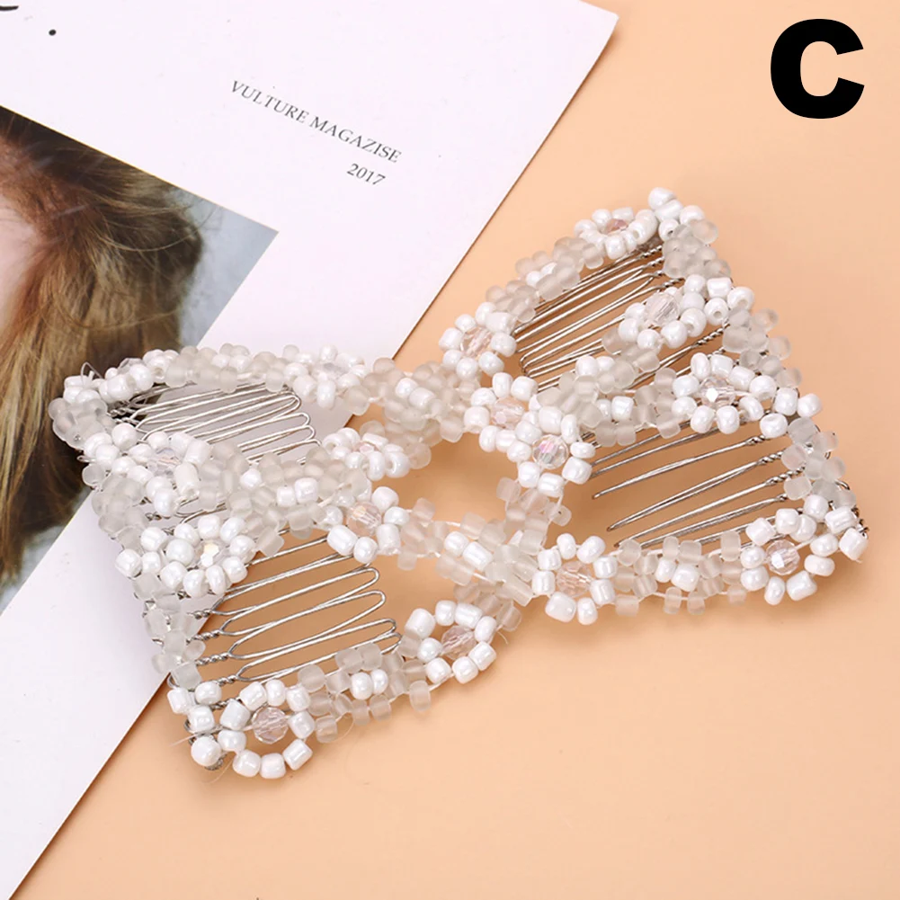 Women Hair Hairpin Magic Twist Rhombus Beads Hair Side Combs Pearl Stretchy Beaded Hairpin Bow Double Stretching Hairstyle Clip