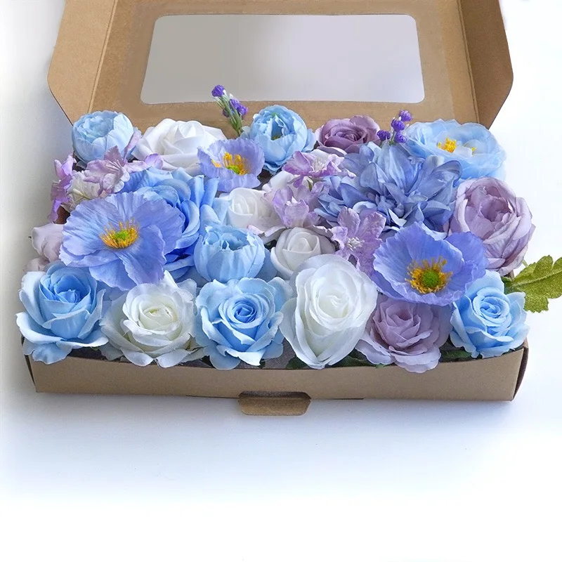 Yannew Künstliche blaue Seidenblumen-Kombi-Box-Set mit Stielen für selbstgemachte Hochzeitstorte, Brautsträuße, Party, Tischdekoration – Detail 11