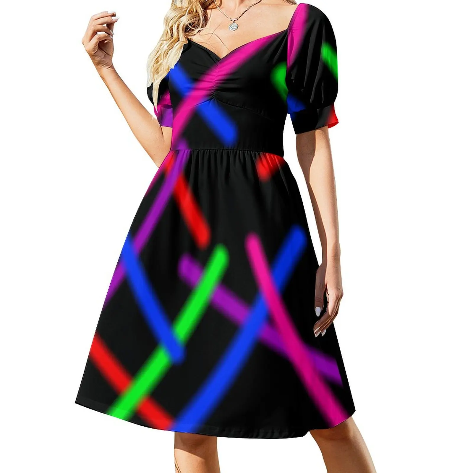 

1980s Rainbow Neon Glowing Laser Beams, Single Image Version Sleeveless Dress prom dress 2024 Aesthetic clothing Prom gown