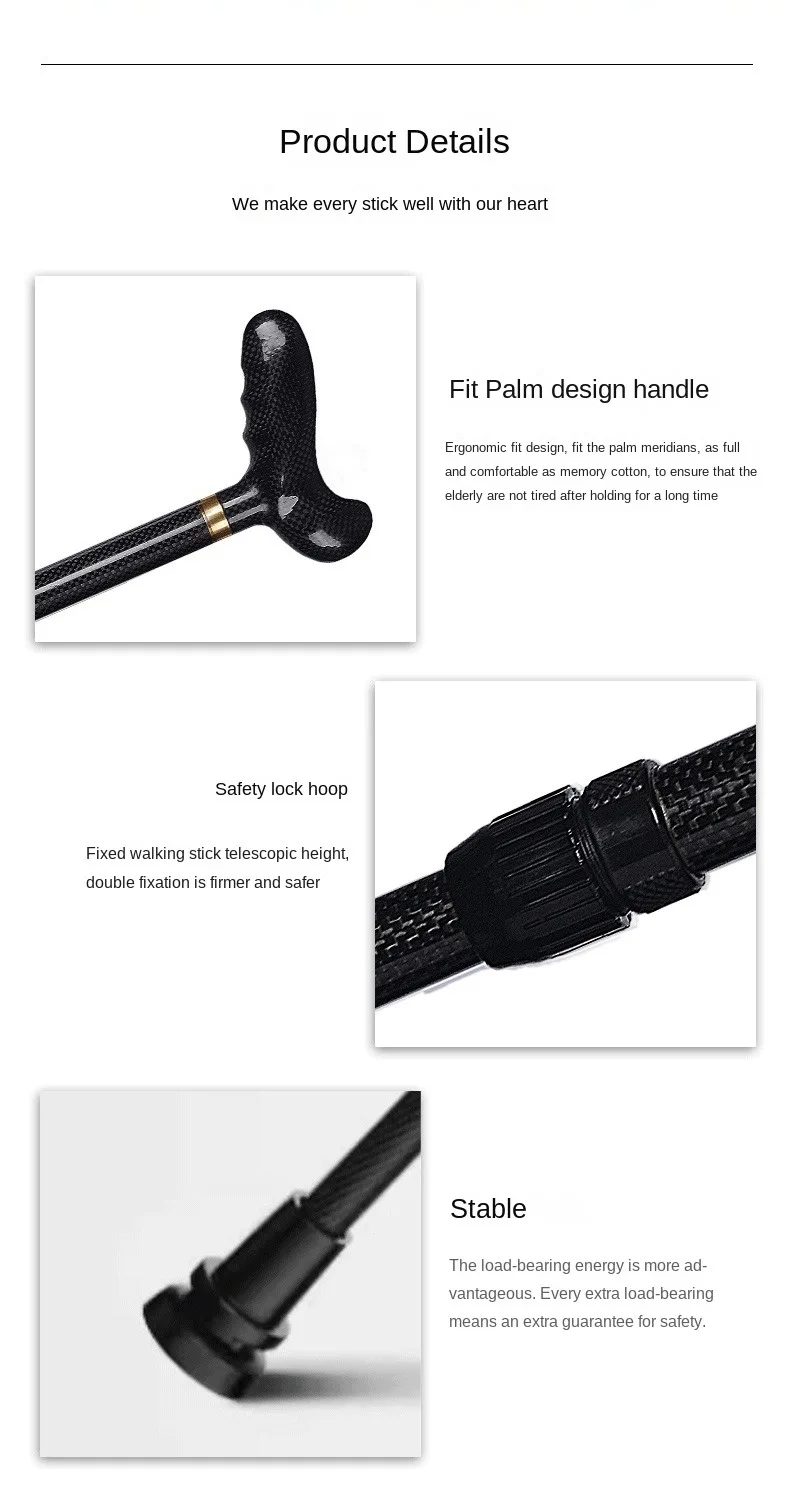 Ultra-light Retractable Carbon Hiking Booster Walking Anti-Slip Breaking Four-Legged Stable Armrest Stick Column Stick Device 5