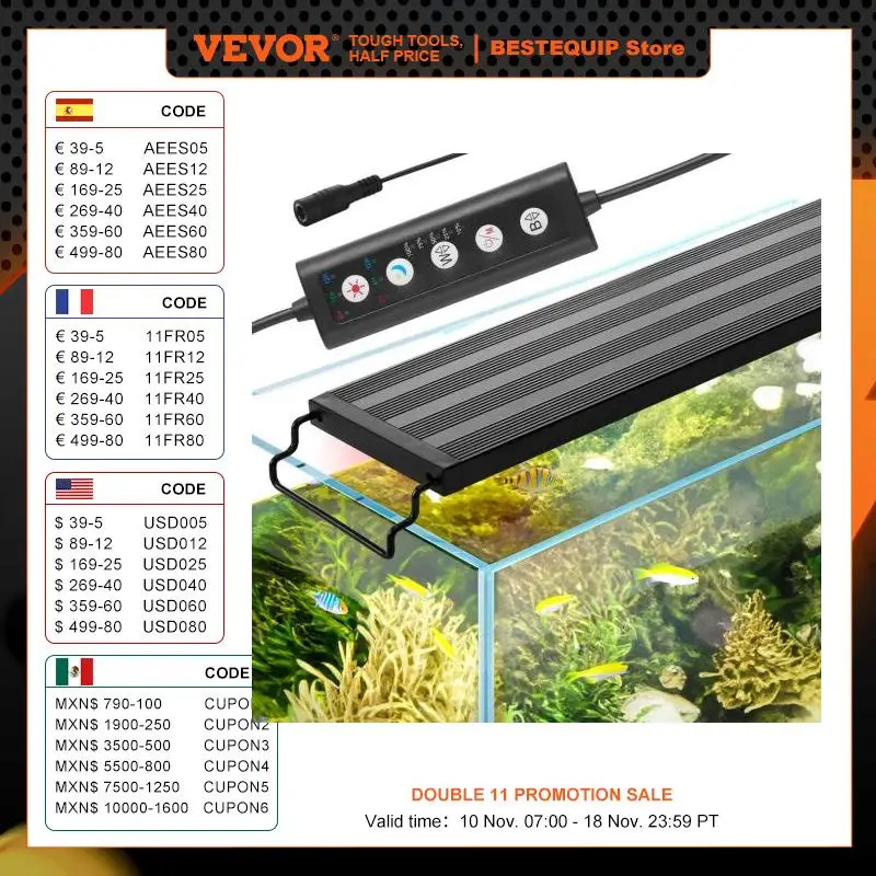 Aquarium Light 26W Full Spectrum Adjustable Brightness Timer Power-Off Memory Freshwater Fish Tank