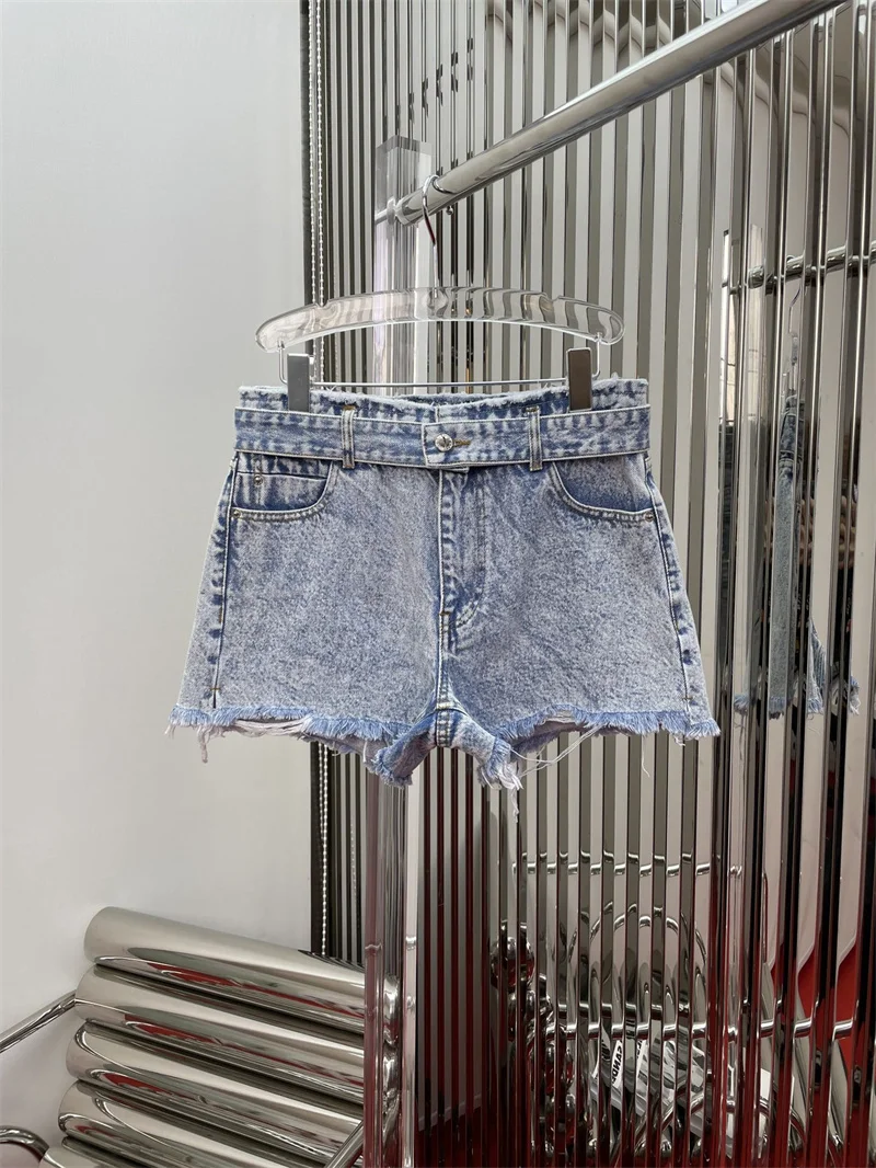 

2022 summer new belt frayed denim shorts for women