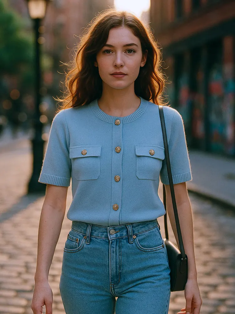 HH 2025 Women Elegant Solid Knitted Tops O Neck Single Breasted Short Sleeve T-Shirts Casual Fashion Female Chic Tops