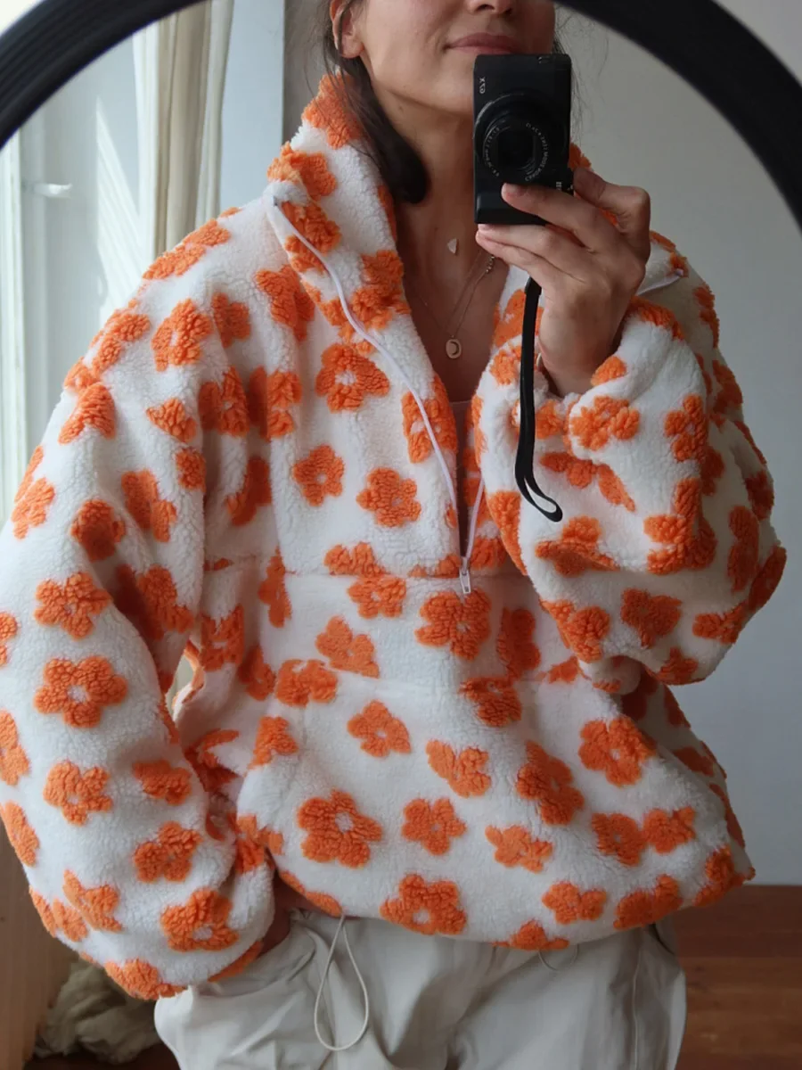 Fleece Flower Sweatshirt For Women 2025 Autumn Winter New Fashion Hoodies Warm Fur Top Zipper Pullovers Casual Outwear