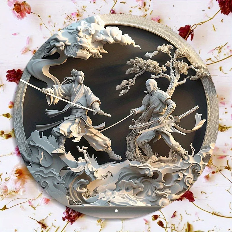 Aluminium Metall runde Zeichen Wand dekoration, wasserdicht, HD-Druck, Samurai Krieger Schlacht, vor gebohrt, wetter beständig, Wohnkultur – Detail 14