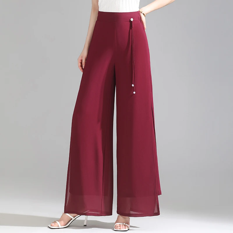ZUZK Double Layer Chiffon Pants Fashion Slit Chiffon Pants Spring Summer Comfortable Elastic Waist Slim Chic Droop Pants