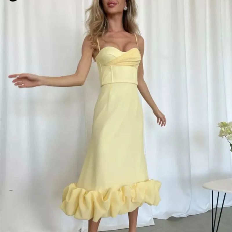 

2022 New Summer Women's Sexy Mesh Spaghetti Bodycon Midi Ruffle A-line Dress Elegant Celebrity Night Club Party Wear