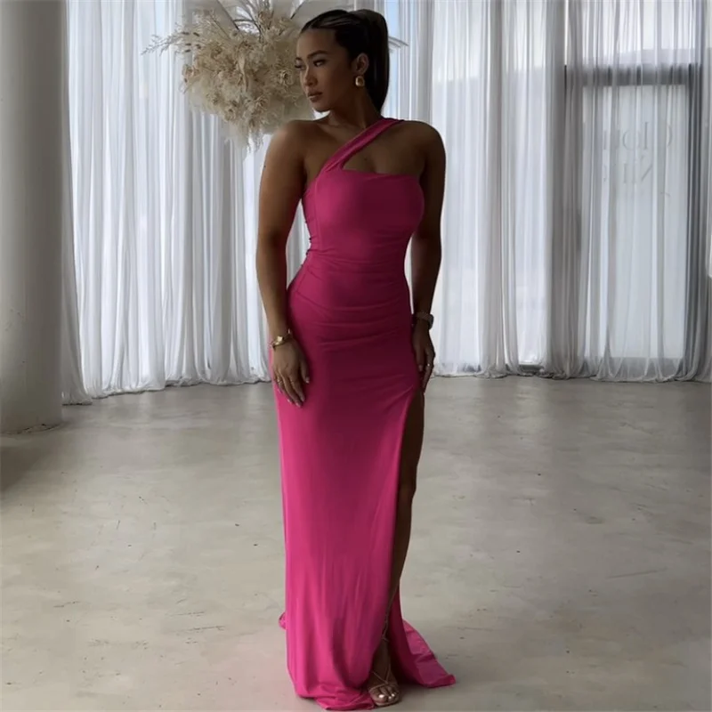

Elastic Bridesmaid Dresses One Shoulder Side Slit Floor Length Stretchy Material Mermaid Bridesmaid Gowns With Lace Up Back