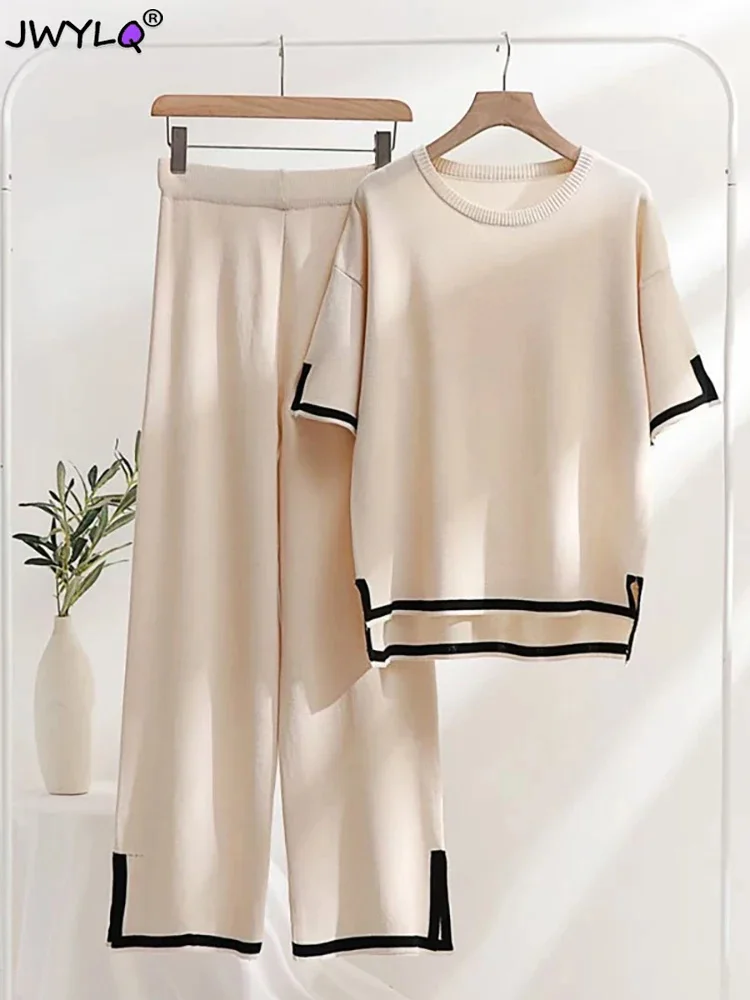 

Simple Loose Streetwear Knitted Pants Sets Autumn Winter O-neck Long Sleeve Pullover Sweater+korean Trousers Slit Two Peice Sets