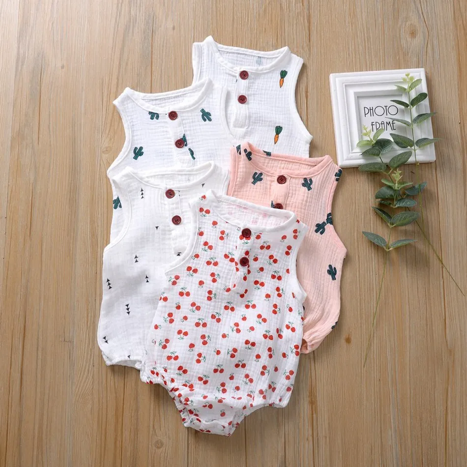 Baby Bodysuits expensive Summer Newborn Unisex Baby Clothes Sleeveless Infant Kids Bodysuit Boy Girl Cactus Cherry Print Jumpsuit Clothing for 0-24 Month bright baby bodysuits	