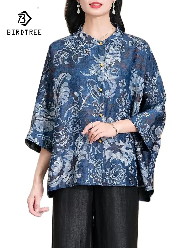 

BirdTree Stand Printed,Vintage Versatile Temperament Blouse,2024 Spring 91.8%Real Silk XiangYunSha Shirt For Women,T42342QC