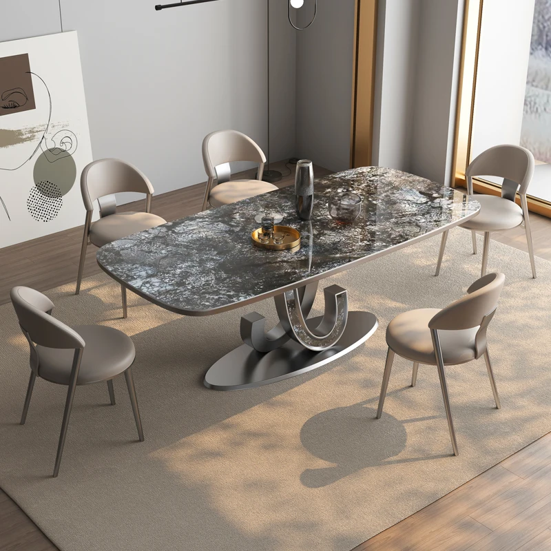 

Italian minimalist bright luxury stone slab dining table High-end modern minimalist small household light luxury rectangular din