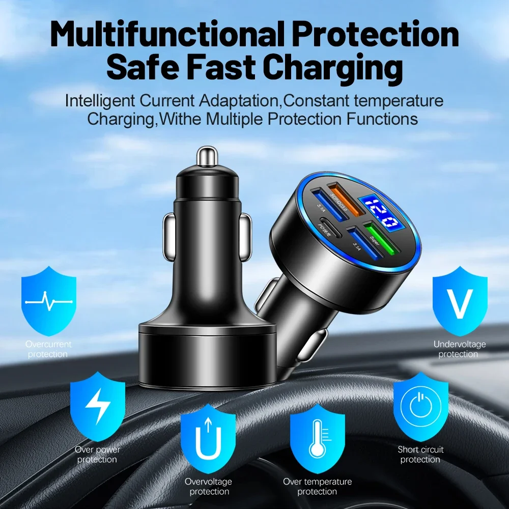 150W PD QC3.0 Car Charger 5 Port Cigarette Lighter Flash Charge Digital Display For iPhone Samsung Xiaomi Huawei USB Car Charger