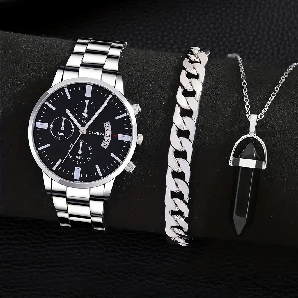 Kegllect 3PCS Men Quartz Watch Business Fashion Mental Wrist  Stainless Steel Strap and Necklace Bangle Set Ideal for Boys 3