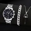 Kegllect 3PCS Men Quartz Watch Business Fashion Mental Wrist  Stainless Steel Strap and Necklace Bangle Set Ideal for Boys 3