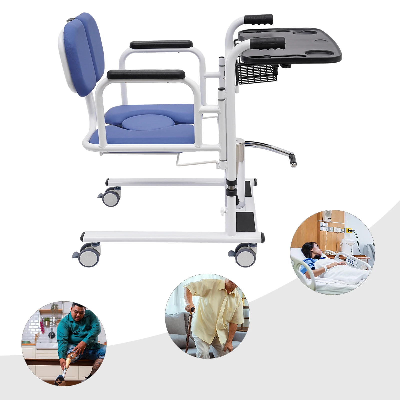 Hydraulic Patient Lift Transfer Chair, 330.7Lbs Nursing Wheelchair for Car, Aid Elderly 180° Split Seat Bathroom Bedside Commode 4