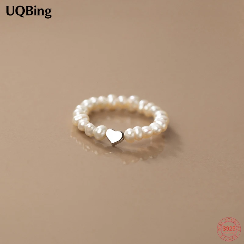 925 Sterling Silver Handmade Fresh Water Pearl Heart Shape Elastic Adjustable Rings For Women