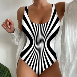 One piece Striped Print Swimsuit Women Push Up Padded Swimwear Female Backless V-Neck Bathing Suit Bodysuit Beachwear XS-5XL