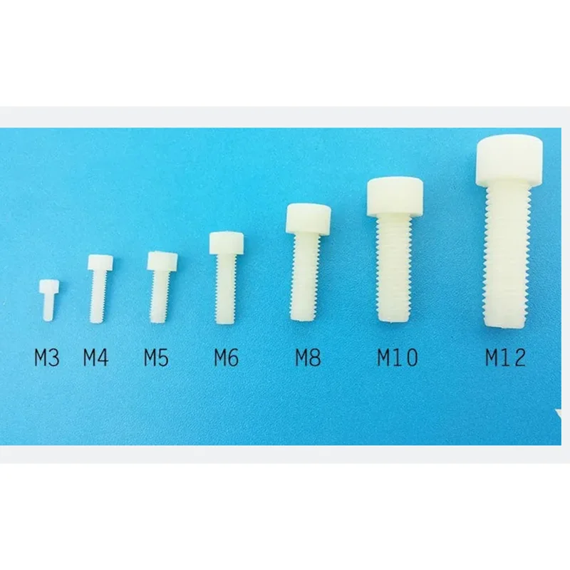 

M3*5-25 M4*6-30M5*8-40M6*10-60M8*12-60M10*20-120M12*35-100white nylon hex socket cap head screws bolt hardware 744