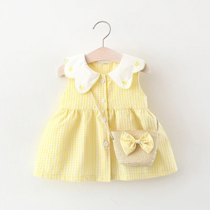 Summer Newborn Dress Fashion Print Doll Collar Cute Princess Beach Flowers Dresses + Bag Little Girls Heart Plaid Clothing