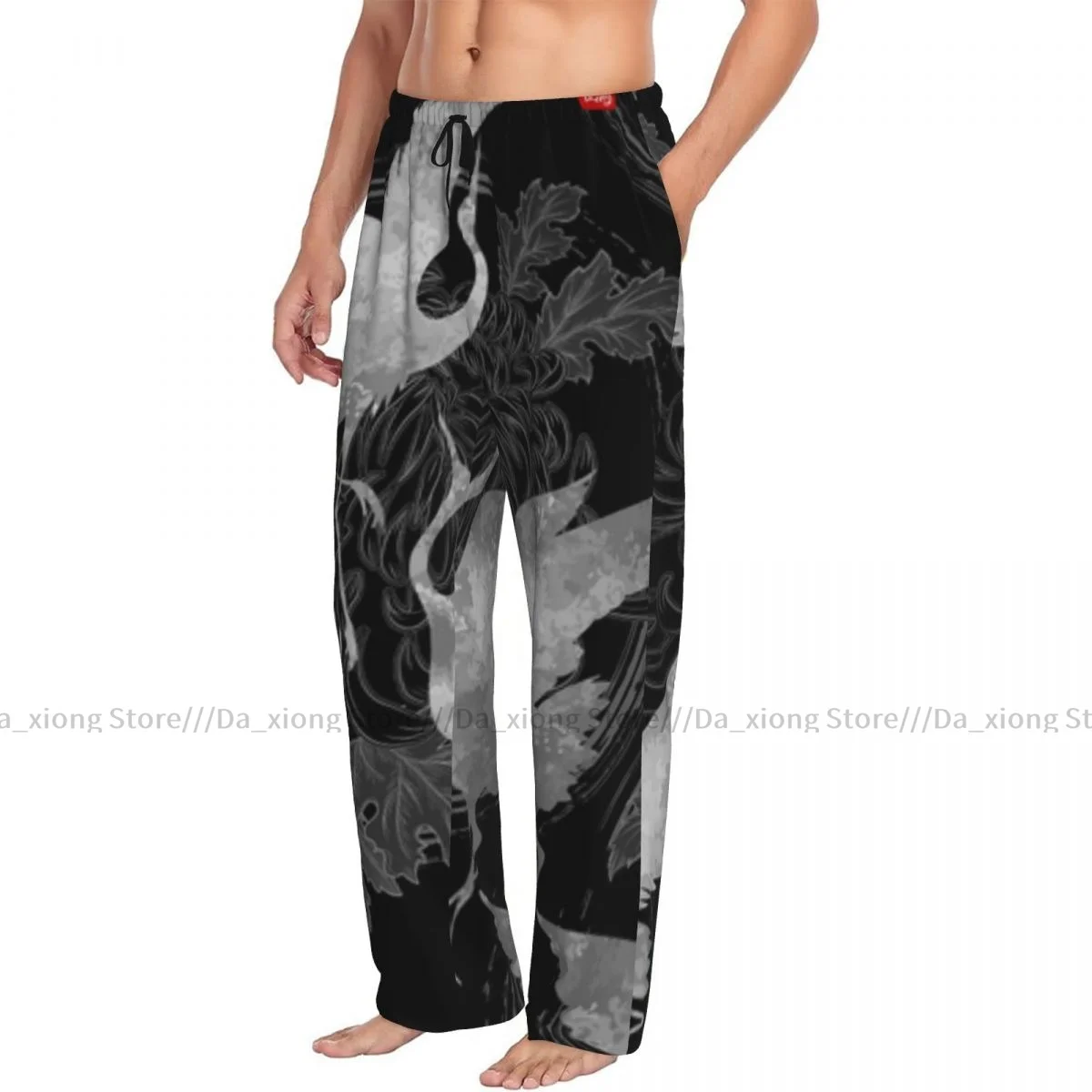 Men\'s Casual Pajama Sleeping Pants Cranes Tanajura With Japanese Hieroglyphs Lounge Loose Trousers Comfortable Nightwear