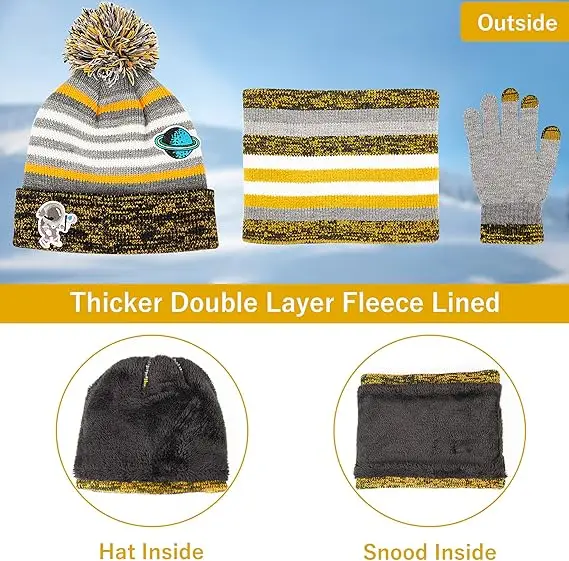 Maylisacc Winter Kids Bobble Hat Scarf Gloves Set with Double Layer Fleece Lining for Boys Girls Aged 3-8, Warm Knitted Pom Pom