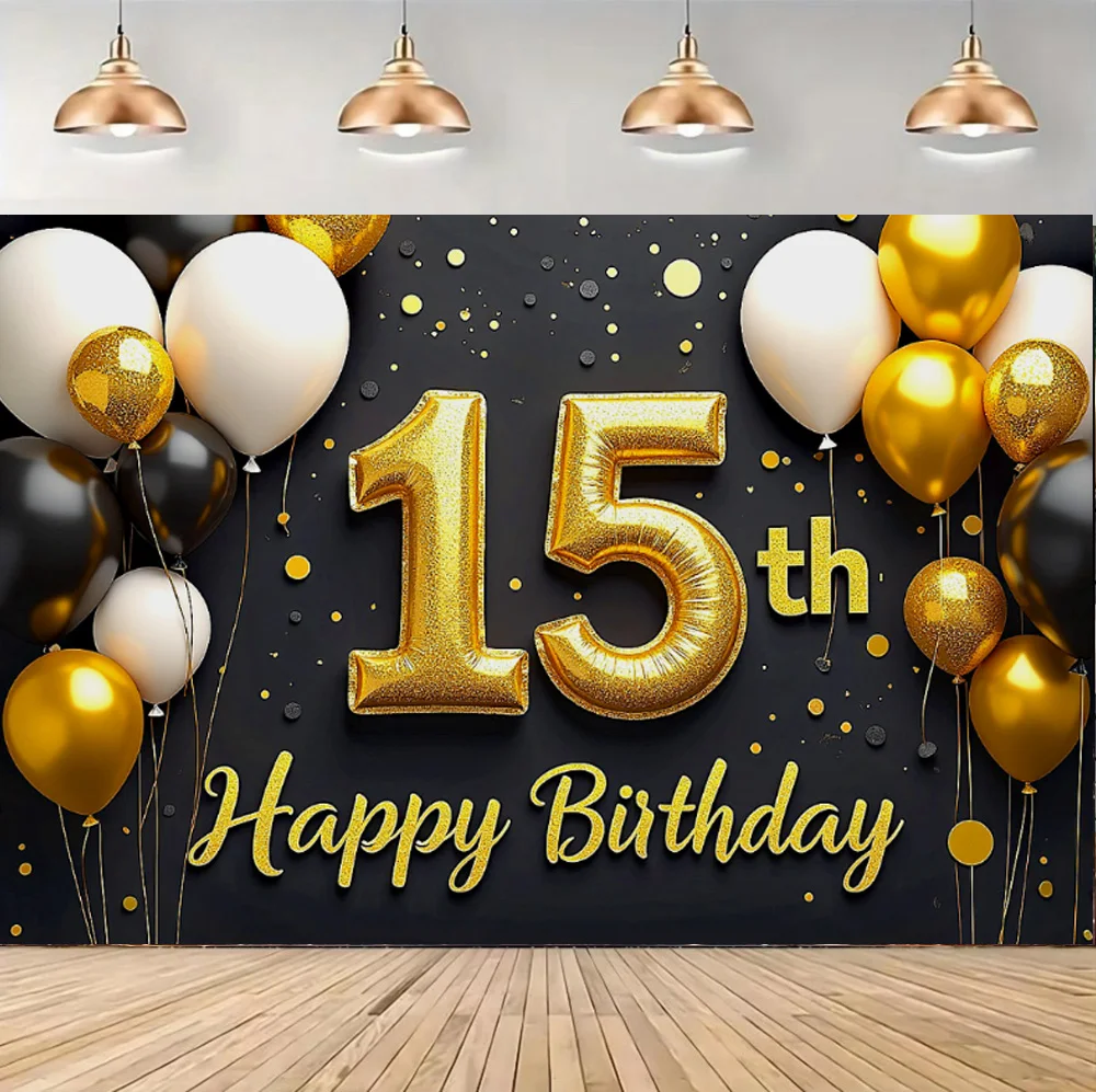 180*110cm Happy 15th Birthday Hintergrund Banner Gold Them Ballon Mann Frau Happy 15th Birthday Party Dekore Wandhintergrund