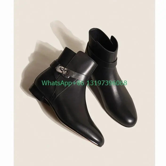 

Lady brown design metal buckle slip on ankle boots causal daily office boots low chunky heel boots size 34-40 PU design boots