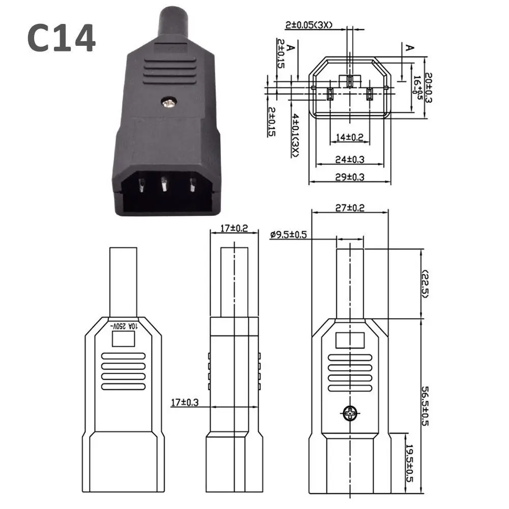 AC Plug Socket 3 Pin IEC 320 Straight Power Connector