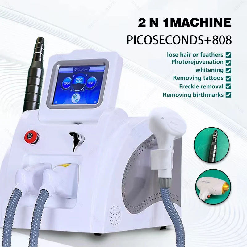 High power 2500W 808nm diode Laser permanent Portable 2 in 1 picosecond laser tattoo removal hair ND YAG machine with two handle