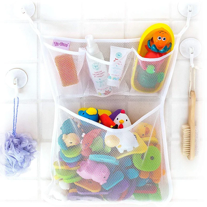 Bathroom Shower Products Drying Storage Strong Suction Cups with Hooks Baby Mesh Net Game Bag Multifunction Bath Toy Organizer