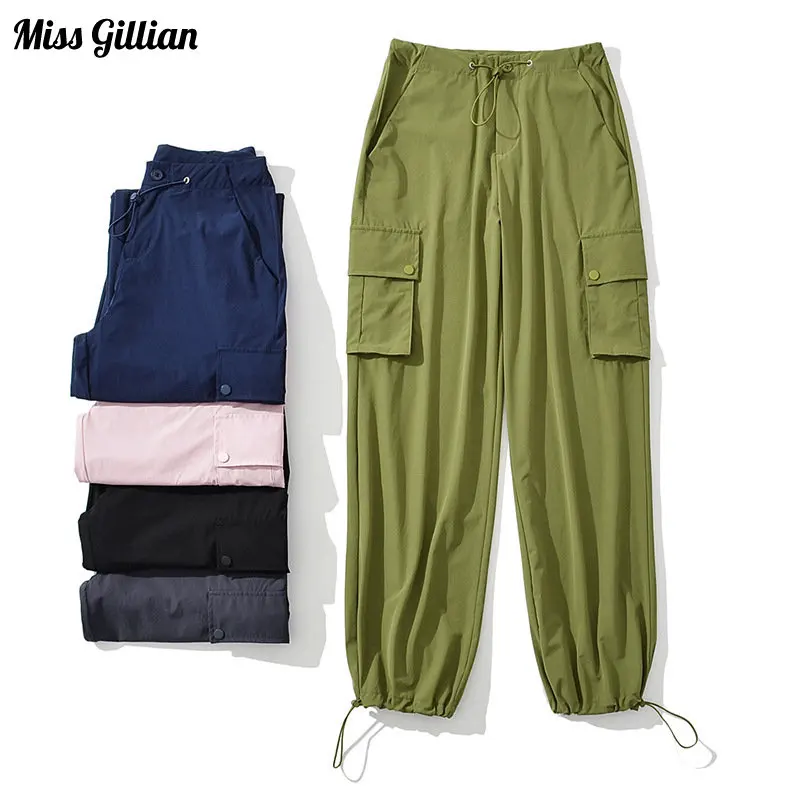 

Women Cargo Pants Casual Joggers Vintage Green Baggy Pants High Waist Drawstring Wide Leg Trousers Streetwear Summer Sweatpants