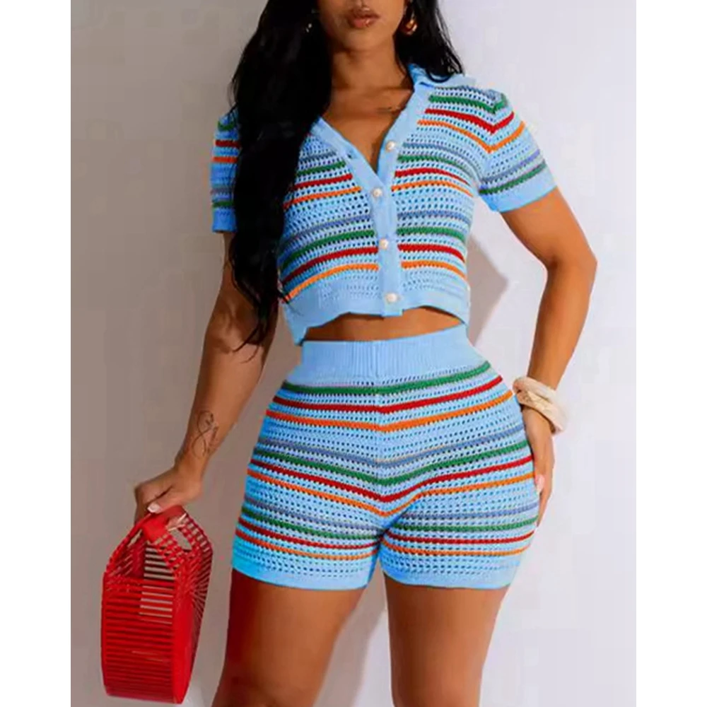 

Women Summer Striped Knitted Ribbed Short Sleeve Top and Shorts Set Skinny Two Pieces Shorts Casual Outwear Buttoned Outfits