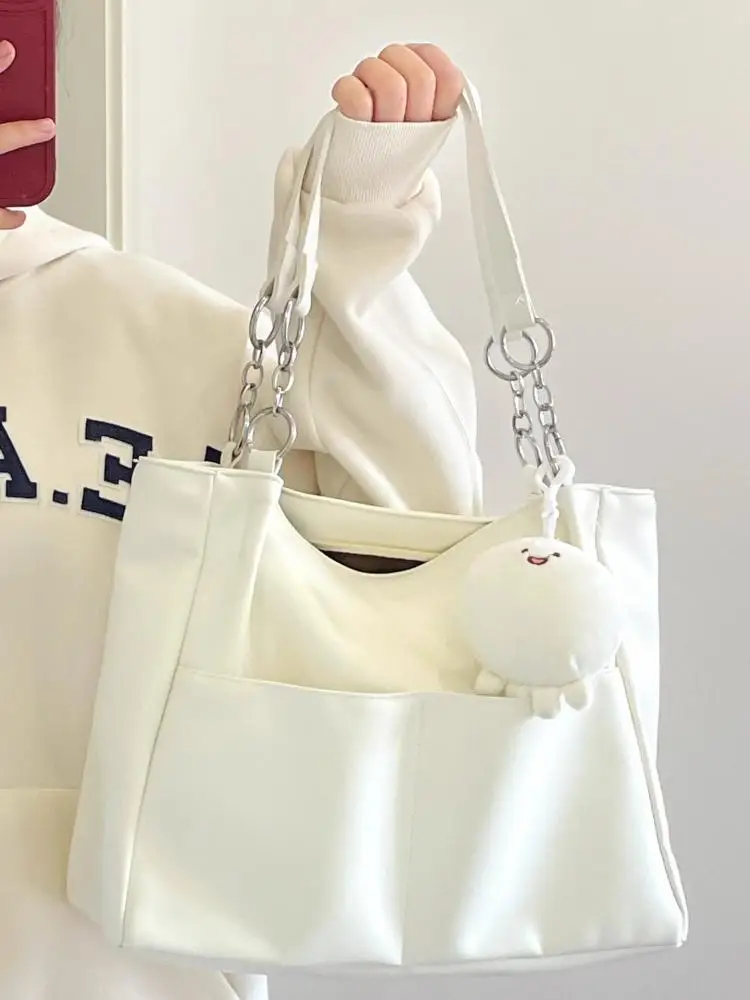 

Casual White Women's Tote Bags Lightweight Shoulder Bag with Pockets Shopper Commuting Handbags Fashion Aesthetic Bags 2024