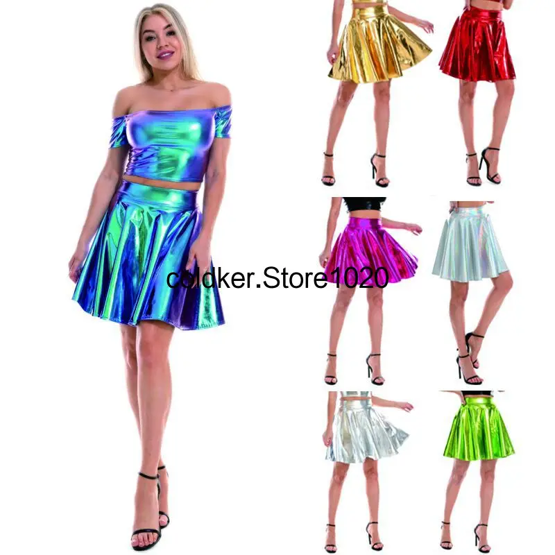 Multicolor Women Faux Leather Pleated Skirts Fashion Casual High Waist