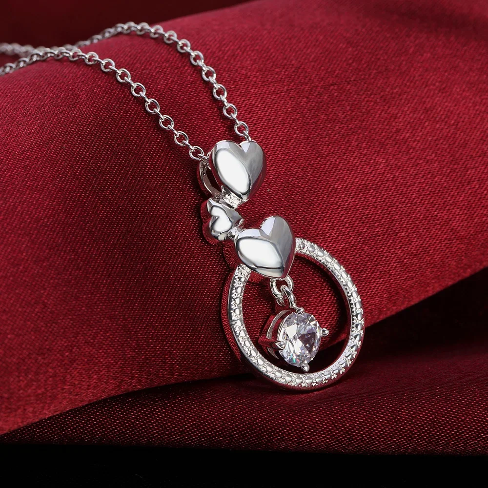 

925 Sterling Silver Love Heart Pendant Round AAA Zircon Necklace For Women Wedding Birthday Gifts Fashion Jewelry