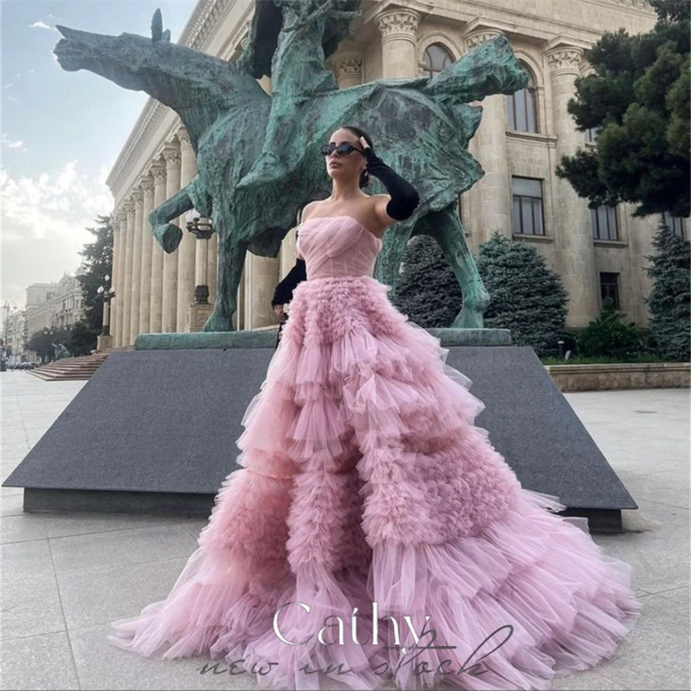 

Cathy Luxury Ball Gown Vestidos De Noche Elegant Strapless Multilayer فساتين السهرة Gentle Nude Pink Tulle Puffy Prom Dress