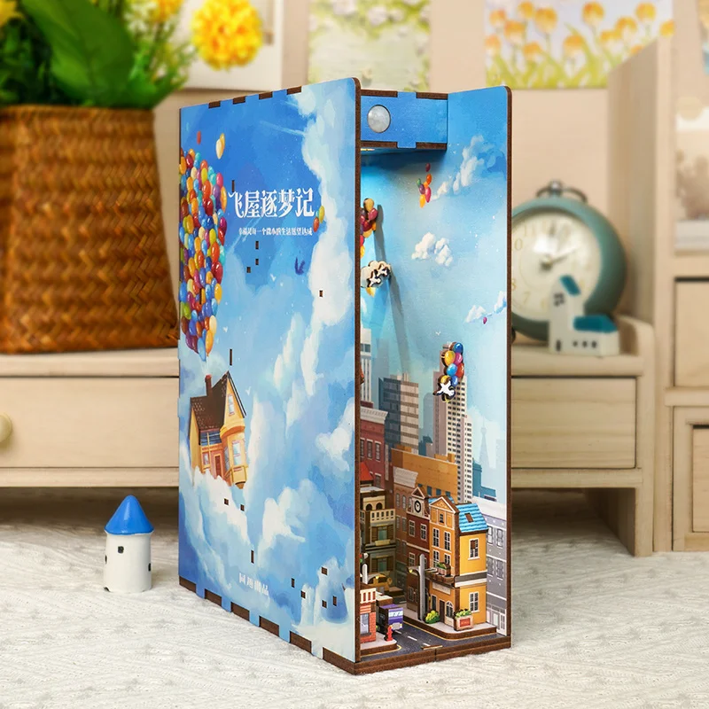 DIY Book Nook Wooden Miniature Model Kit Balloon Town Famous Movie Casa Bookend Assembled 3D Puzzle Bookshelf Home Decor Gifts 2
