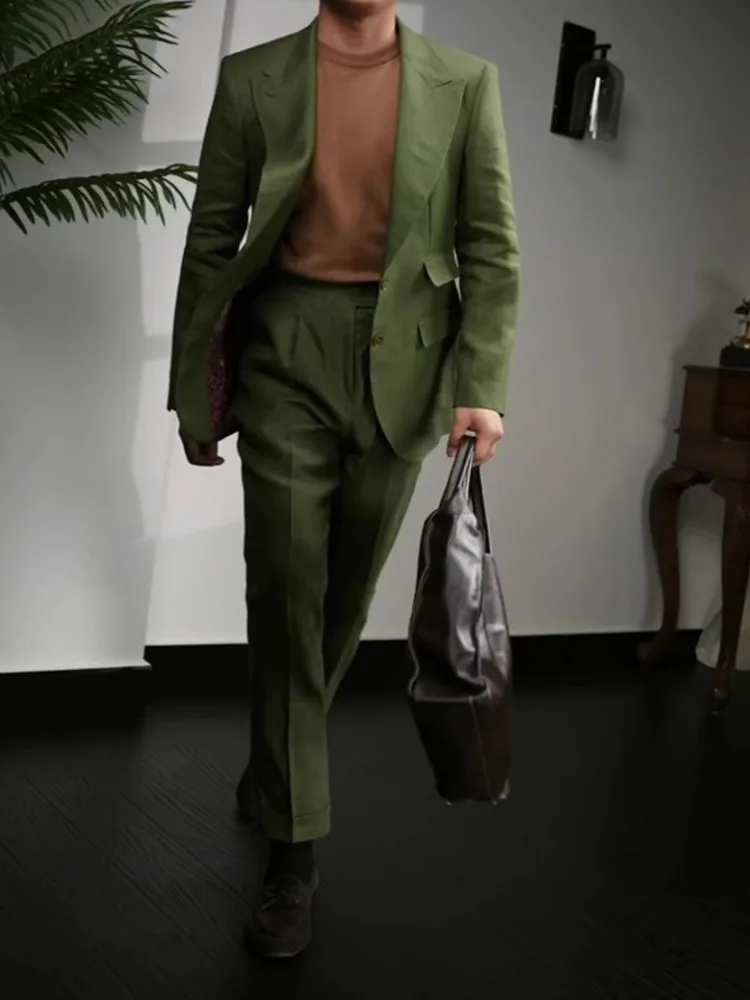 British Style Vintage Office Mens Business Casual Linen Suits Sets Slim Fit Blazers High Waist Straight Pants Men Two Piece Set
