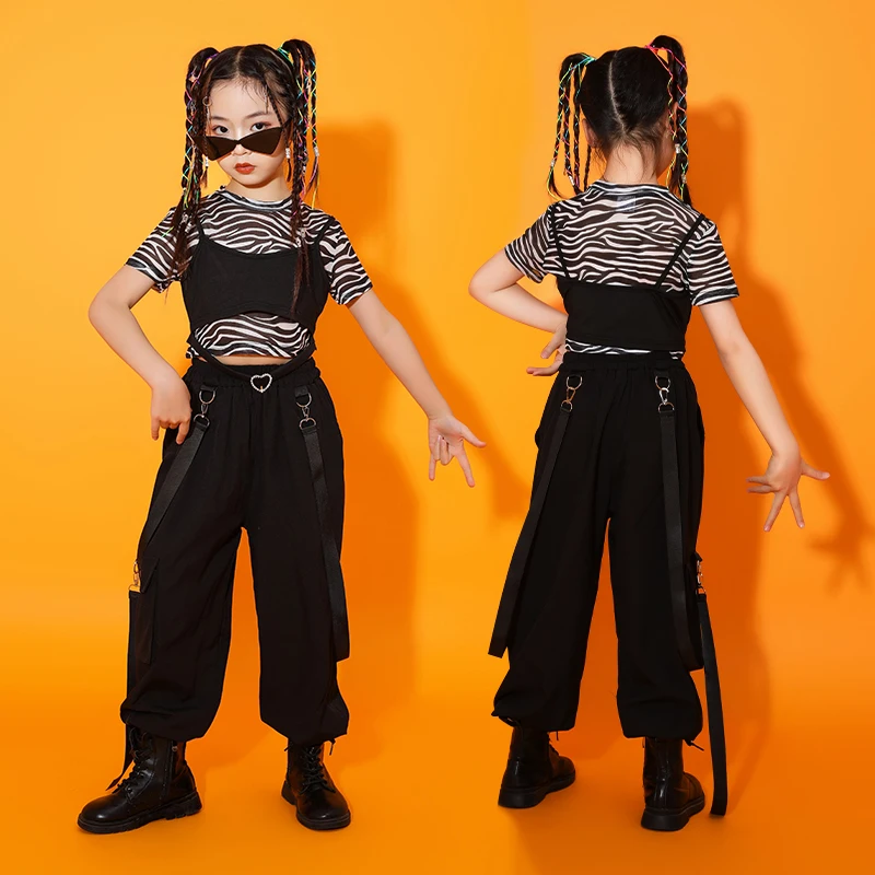 

Kids Hip Hop Clothing Mesh Crop Tank Tops Shirt Street Wear Cargo Pants For Teen Girls Jazz Dance Costume Showing Clothes Set