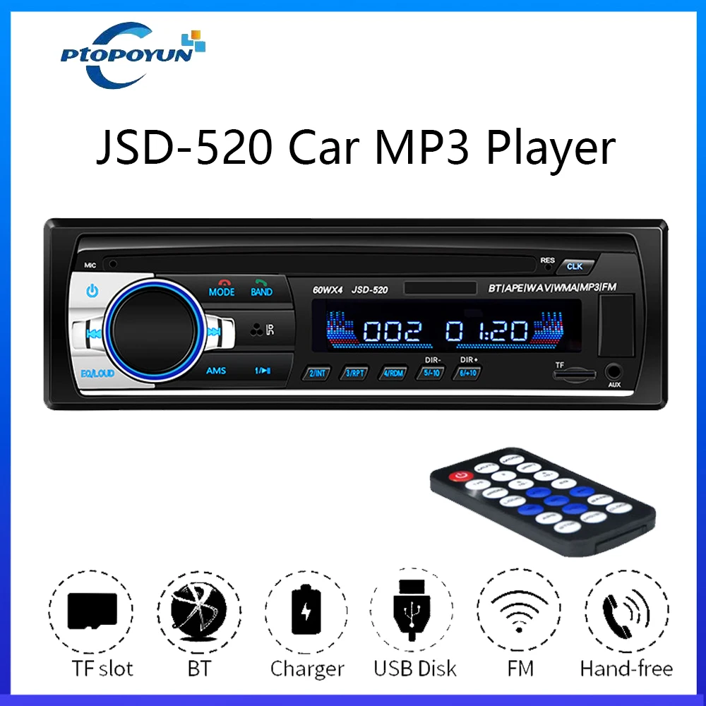 

Ptopoyun Car Radio with Bluetooth Autoradio JSD-520 MP3 Player FM Audio Stereo Receiver Music USB/TF In Dash 1 DIN AUX Input