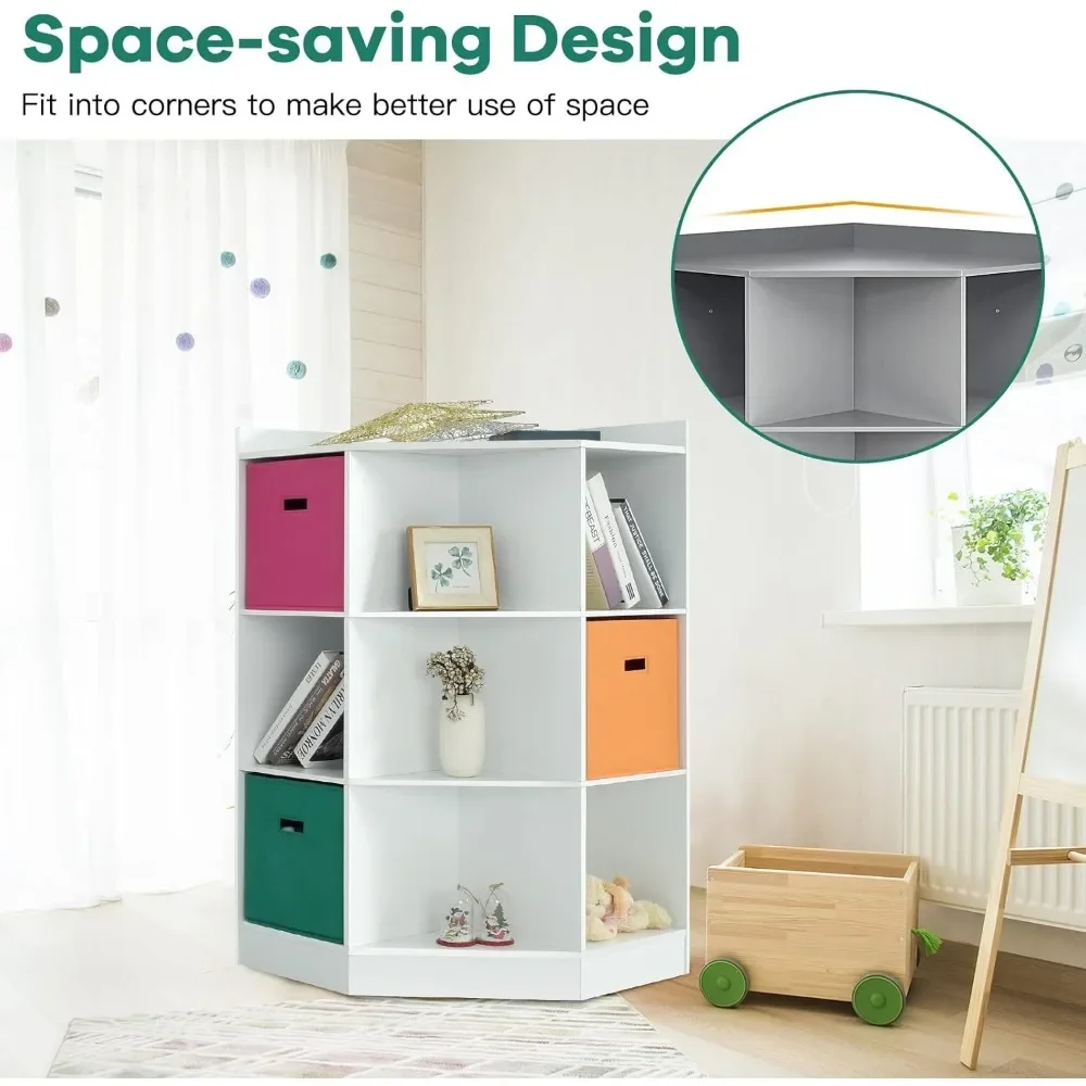 9-Cubby Kids Bookcase with Large Storage Drawers, Children's Corner Cabinet with 6 Cubes and 3 Shelves, Wooden Storage 5