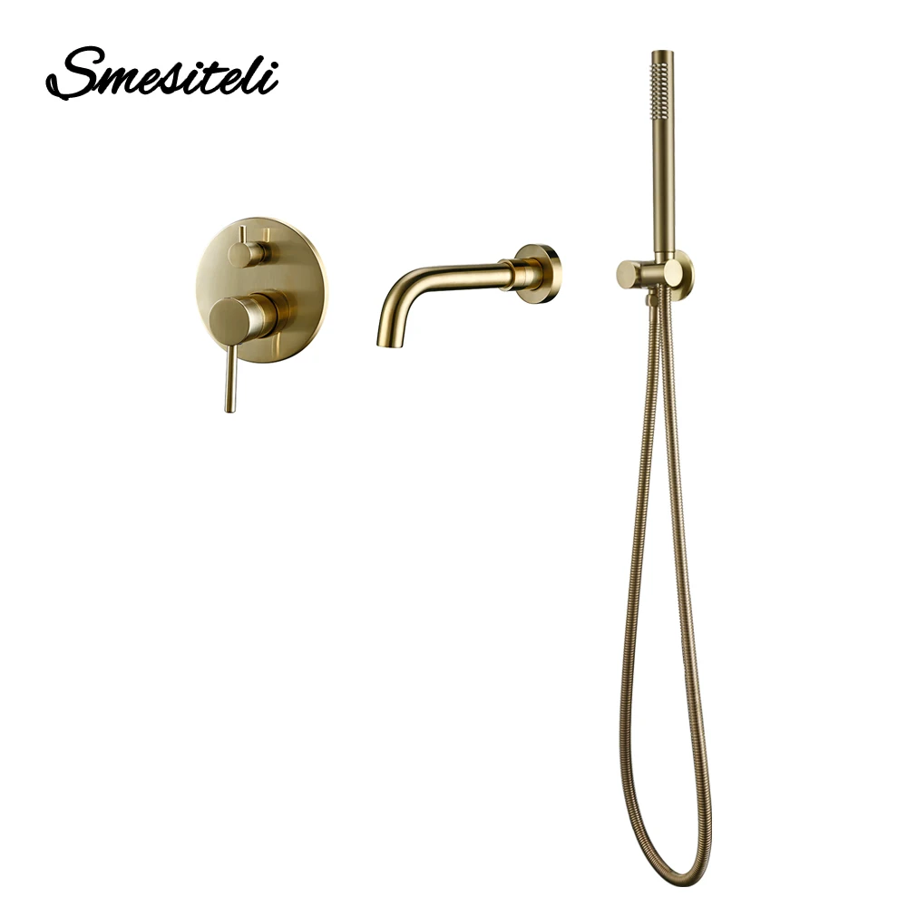 Shower Set Brushed Gold Shower Set Headshower Mixer Swivel Bath Spout Wall Mount Shower Faucet Diverter Combo for Bathroom With Handshower
