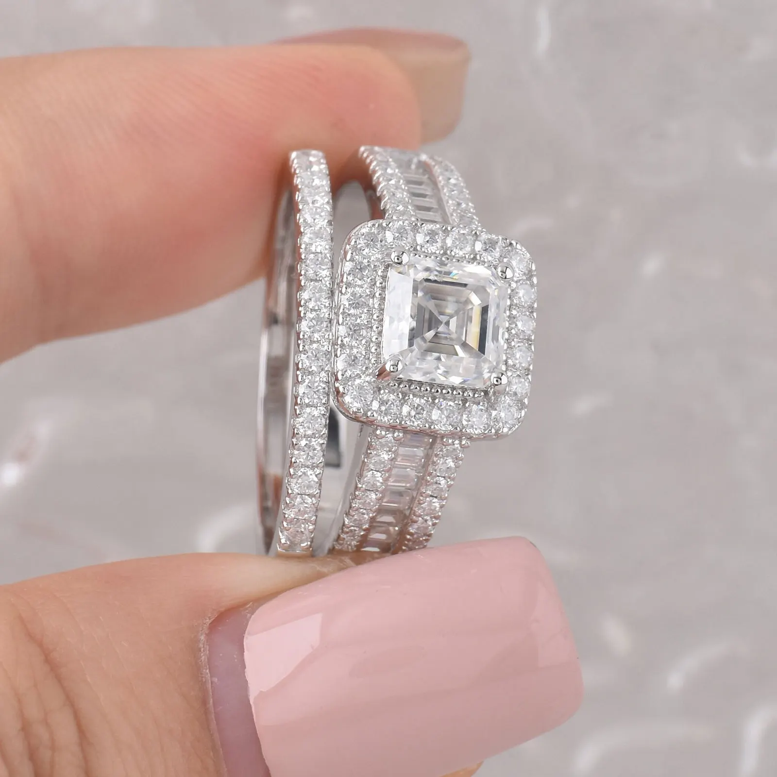 Ensemble de bagues pour femme Newshe en moissanite certifiée GRA, taille émeraude Asscher 6,5 mm, 2 pièces, argent 925, bagues de mariage