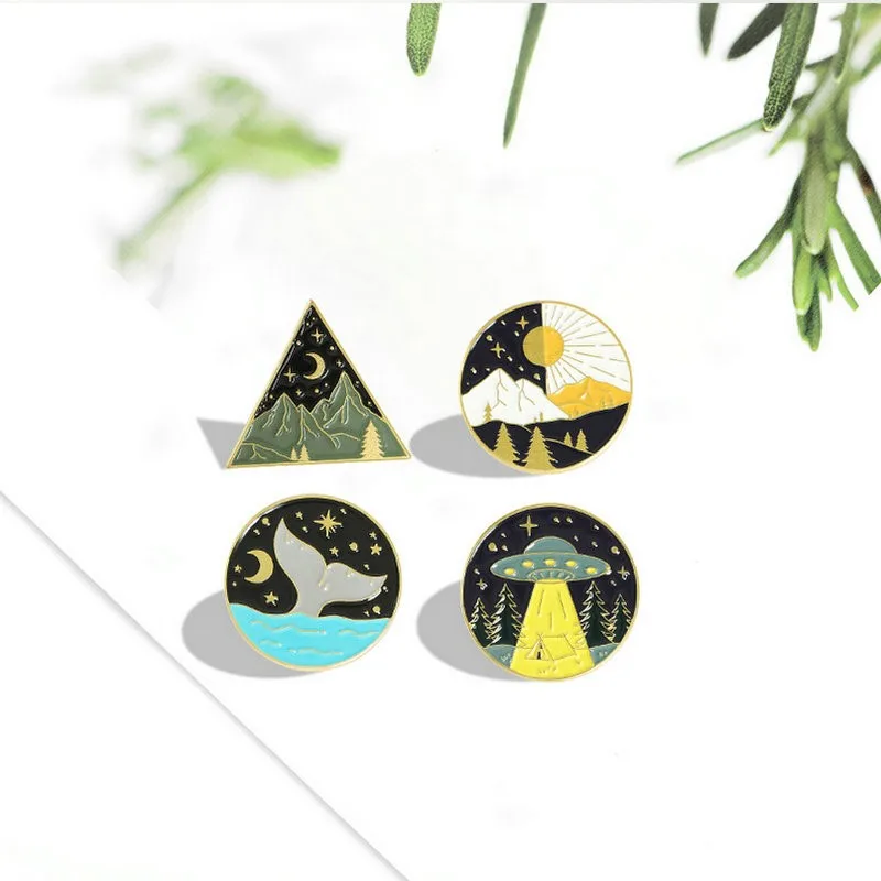

Alternation Enamel Pins Natural Landscape Star River Whale Tale Brooch Lapel Badge Bag Jewelry Gift for Friends Sun and Moon