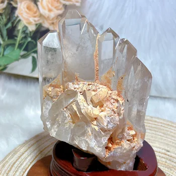 Rare Natural Brazil Crystal Rainbow Clear Quartz Five Tower Raw Stone Give Wood Stand Healing Energy Home Decorations Gift