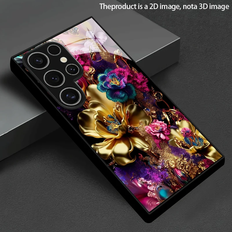 Elegant Gold Floral 2D Phone Case with Tempered Glass Protection